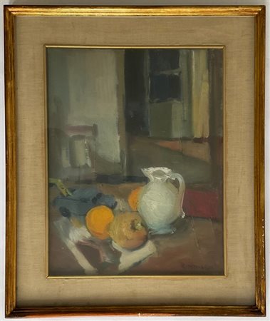 Ignoto del XX secolo "Composizione con vaso e frutta" olio su tela (cm 45x35) F