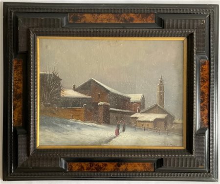 Ignoto del XX secolo "Paesaggio innevato" olio su compensato (cm 31x40) Firmato