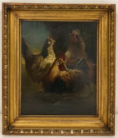 Ignoto, antico dipinto ad olio su tela raffigurante galli e gallina (cm 47,5x38