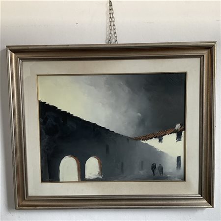 Natalino Mucci "Paesaggio con figure" olio su tela (cm 58x78) firmato in basso a