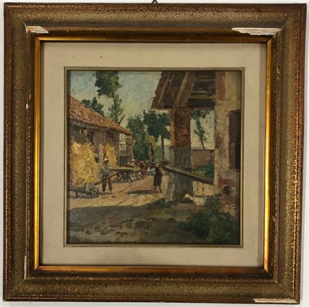 Ignoto del XX secolo, "Cortile di campagna" olio su compensato (cm 24x24) Al re