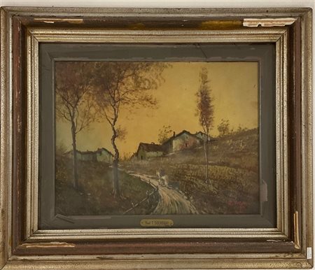 T. Solvegni 1935, "Paesaggio autunnale con figura a cavallo" olio su cartone (c