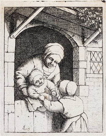 Adriaen van Ostade, Madre con due figli, puntasecca (mm 91x72) difetti