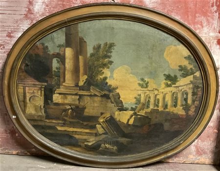 Ignoto, dipinto raffigurante capriccio architettonico con figura, olio su tela