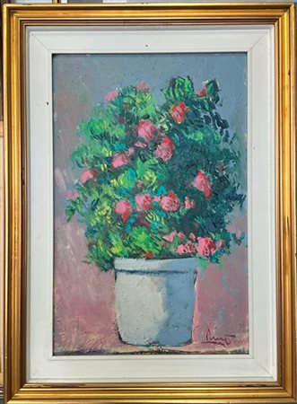 Renè "Fiori finti per un compleanno" 1968, olio su compensato (cm 59x38) firmato