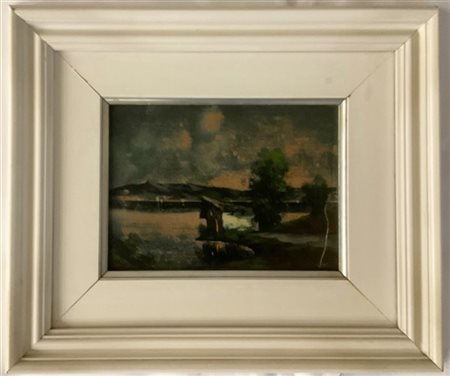 Ignoto del XX secolo, "Notturno. Casa sul lago" olio su masonite (cm 17,5x24) F