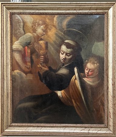 Ignoto, antico dipinto raffigurante Santo francescano sorretto da un angelo, ol