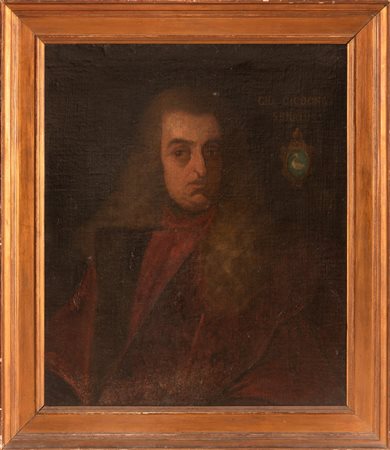 Pittore veneto del XVIII secolo   Ritratto del mercante Giovanni Giacomo Cicogna (1695-1764) con a lato lo stemma del casato sormontato da iscrizione a caratteri capitali  GIO. CICOGNA SENATOR. 