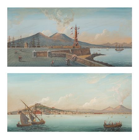    Coppia di gouaches raffiguranti Il porto di Napoli e Napoli al mare  