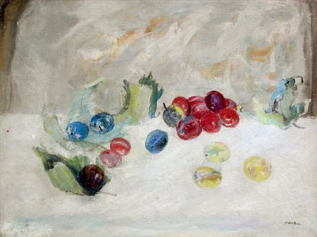 DEL BON Angelo (Milano 1898 - Desio 1952) Natura morta - Foglie e frutta sul...