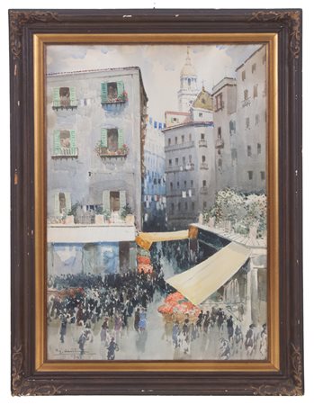 GIOVANNI LENTINI. Watercolor "CROWD IN THE SQUARE"