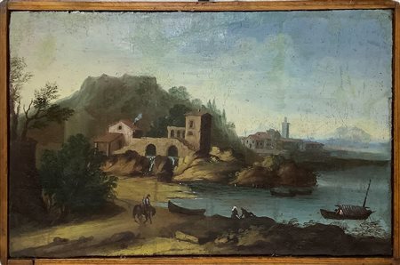 Giuseppe Zais (ambito di) (Forno di Canale 22/03/1709-Treviso 29/12/1781)  - Paesaggio con case, barche e personaggi, XVIII secolo