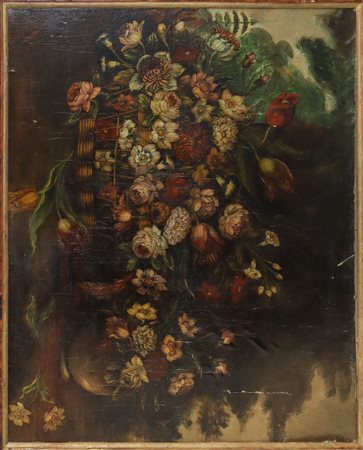 Composizione di fiori in cesto e in vaso, XIX secolo painter