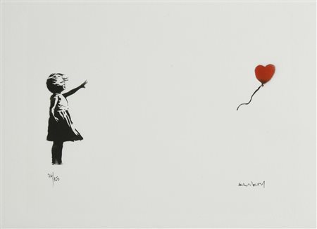 Da Banksy GIRL WITH BALLOON eliografia su carta, cm 28,5x38; es. 76/150 firma...