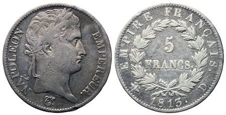 FRANCIA. Napoleone I (1804-1814). 5 franchi 1813. Lione. Ag. BB, colpetto al...