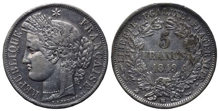 FRANCIA. Seconda Repubblica (1848-1852). 5 franchi 1849. Strasburgo. Ag. BB