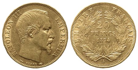 FRANCIA. Napoleone III (1852-1870). 20 franchi 1854. Parigi. Au (6,45 g). qSPL