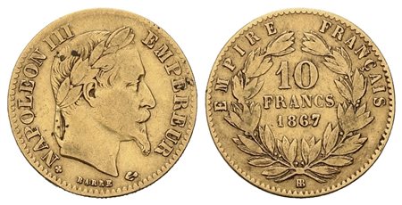 FRANCIA. Napoleone III (1852-1870). 10 franchi 1867. Strasburgo. Au (18,75 mm...
