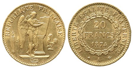 FRANCIA. Terza Repubblica (1870-1940). 20 Franchi 1874. Parigi. Au (6,45 g)....