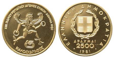 GRECIA. 2500 dracme 1981. Giochi Pan Europei. Au titolo 900 (6,45 g). PROOF