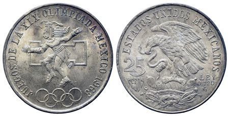 MESSICO. 25 Pesos 1968 Commemorativa Olimpiadi. Ag 720 (22,5 g). SPL+