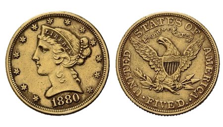 USA. 5 dollari 1880. Philadelphia. Au (21,55 mm – 8,35 g). BB+