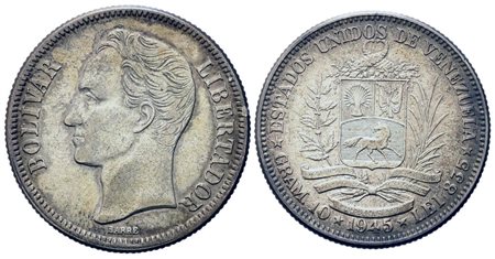 VENEZUELA. 2 bolivares 1945. Ag (26,95 mm – 9,96 g). SPL