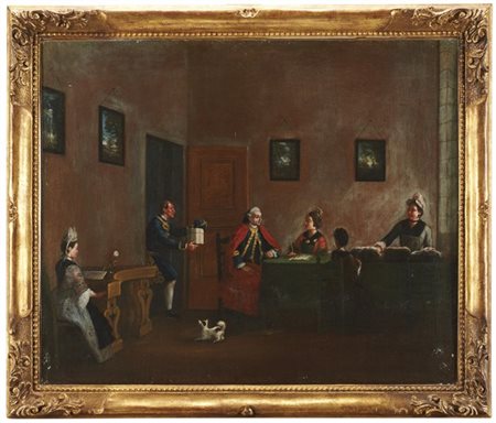 Pietro Longhi La consegna del pacco

Olio su tela, cm 49x59

In cornice (lievi d