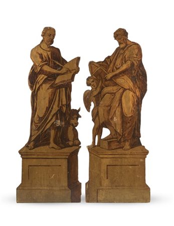 Arte del secolo XVIII. Coppia di silhouette raffiguranti evangelisti in legno i