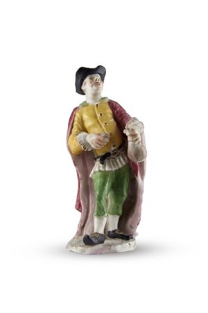 Figura in porcellana policroma raffigurante gentiluomo con fiasca e bicchiere p