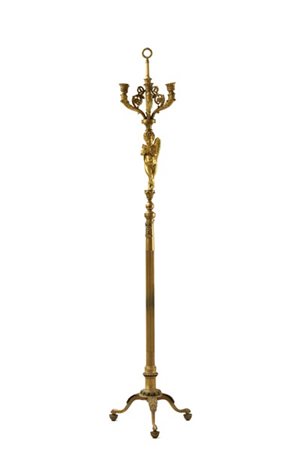 Candelabro da terra in bronzo e metallo dorato con cinque bracci a volute e cim