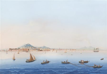 Emmanuel Meuris Golfo di Napoli con viandanti Gouache su carta(cm 20x30 ca.)