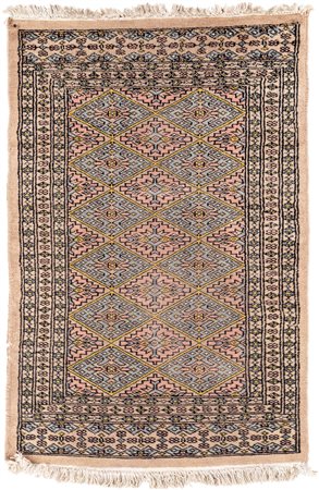 Piccolo tappeto Pakistan a disegno Bukara a disegno geometrico celeste, beige...