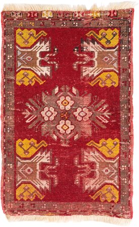 Piccolo tappeto anatolico fondo rosso annodato a mano decorato da medaglione...