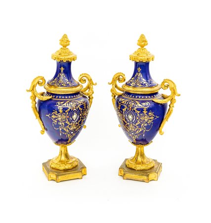 Coppia di piccoli vasi in porcellana e bronzo dorato, XIX secolo con...
