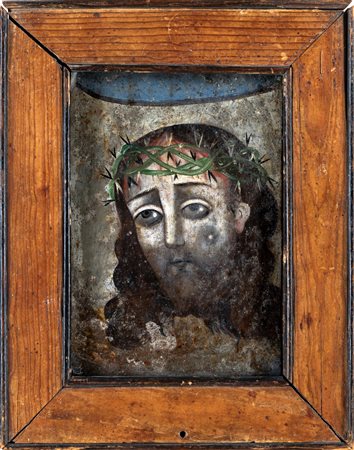 Cristo coronato di spine olio su lastra di metallo, cm 16,5x11 in cornice cm...