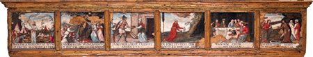Pittore romano del XVII secolo Predella in legno con episodi biblici olio su...