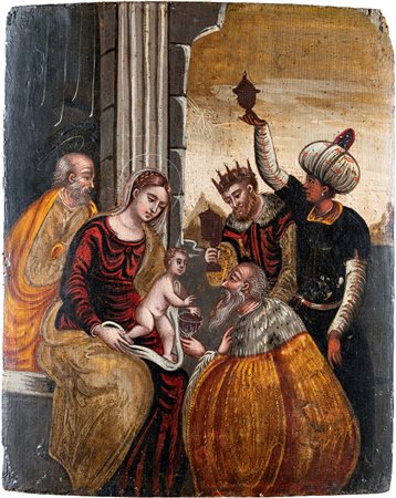Scuola Veneto Cretese del XVII secolo Adorazione dei Magi Tempera su tavola,...
