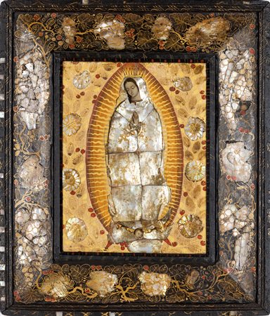 Miguel Gonzalez (XVII secolo) Vergine di Guadalupe con incrostature in...