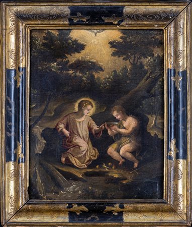 Pittore romano del XVII secolo Battesimo Olio su tela, cm 49x40 - in cornice:...