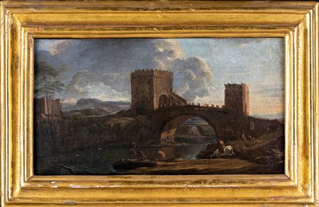 Scuola Romana del XVII secolo Paesaggio fluviale con ponte Nomentano olio su...