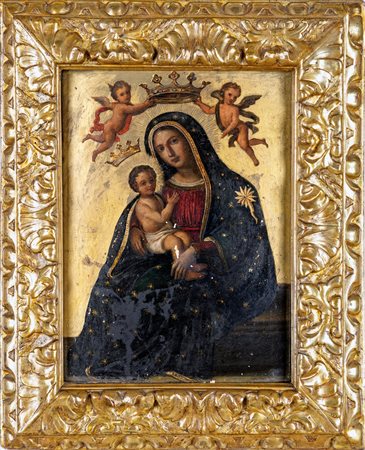 Scuola Romana del XVII secolo Madonna col Bambino olio su tavola, cm 41x30 -...