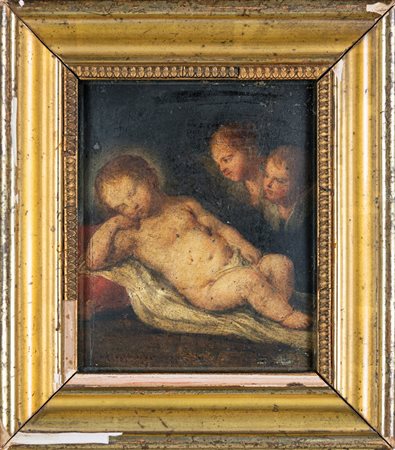Scuola Romana del XVII secolo Bambin Gesù con putti Olio su tela, cm 13x15 -...