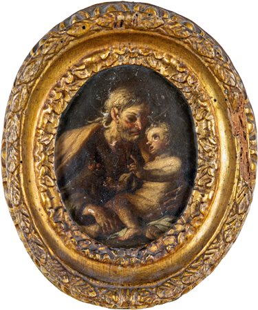 Scuola Emiliana del XVII secolo Giuseppe col Bambin Gesù Olio su tela, ovale...