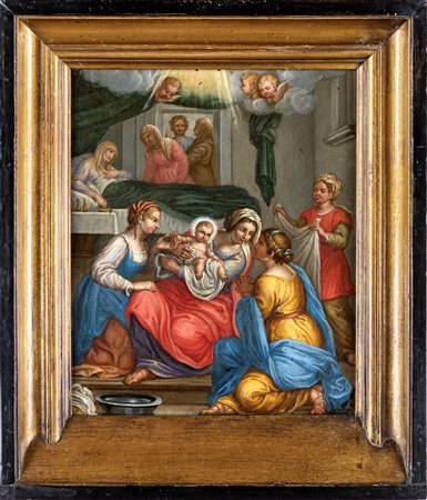 Pittore romano del XVII secolo Nascita del Battista Olio su rame, cm 32x27 -...