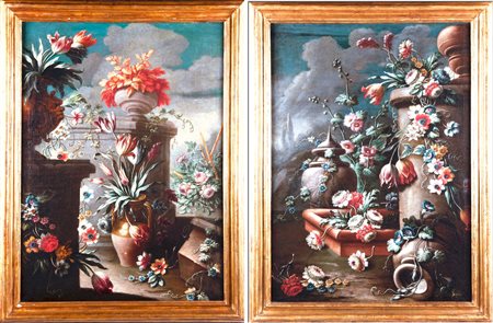 Pittore romano del XVII secolo a) Natura morta con fiori, vasi, marmi e...