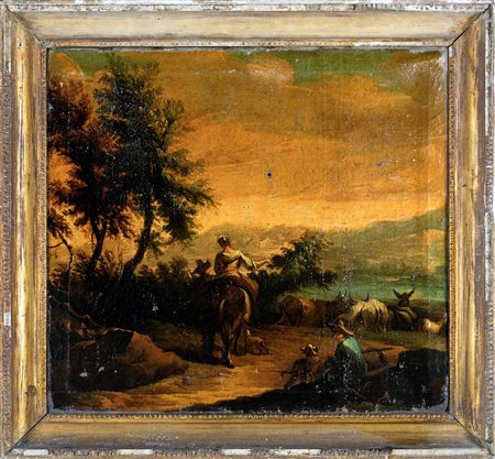 Scuola Romana del XVII secolo Paesaggio con pastori olio su tela, cm 84 x 76...