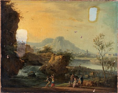 Scuola Romana del XVII secolo Paesaggio fluviale con edifici e montagne in...