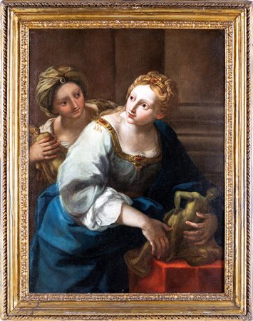 Scuola Romana del XVII secolo Rachele e Lia con gli idoli olio su tela, cm...