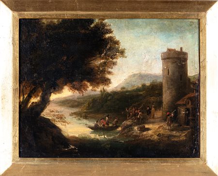 Scuola Romana del XVII secolo Paesaggio fluviale con torre Olio su tela, cm...